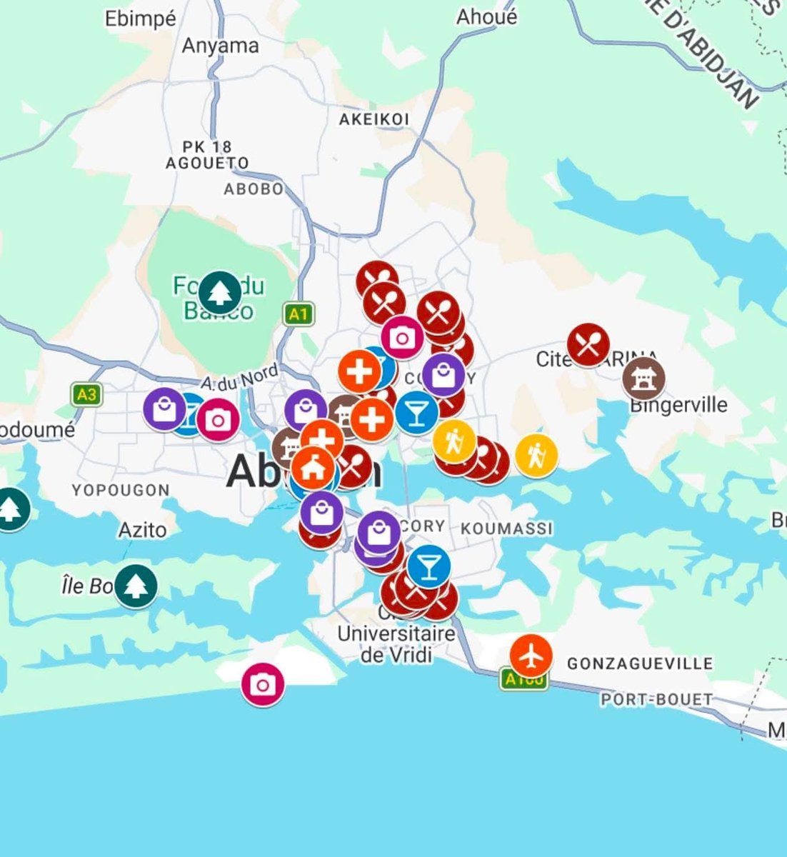 Aperçu de la carte Google Maps Côte d'Ivoire, avec les adresses de Camille classées par catégories